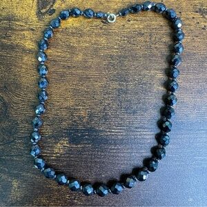 Jet Black Beaded Crystal Necklace Iridescent Faceted Art Deco Mourning Style